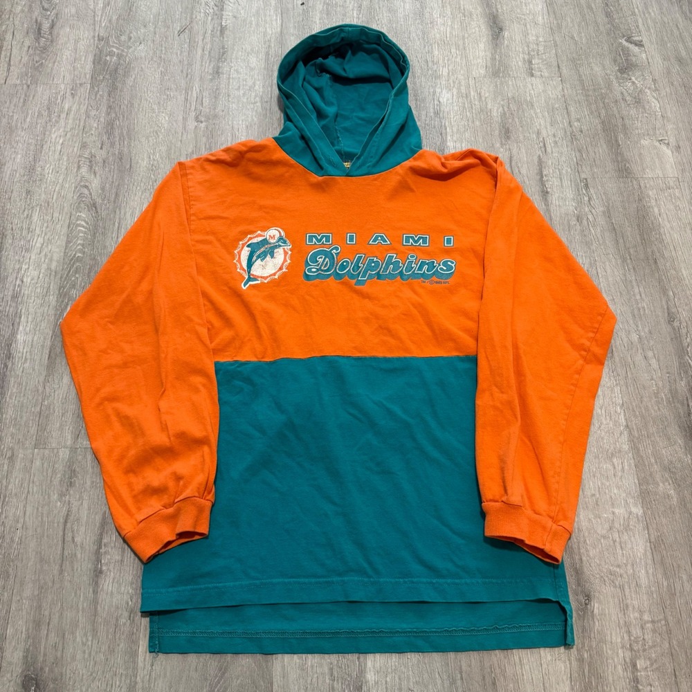 Vintage 1993 Miami Dolphins Nutmeg Mills Hooded Shirt Orange Aqua NFL Mens M